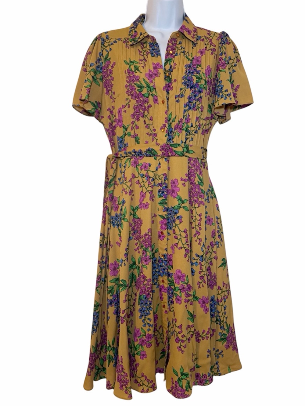 Nanette Lepore Gold Floral Shirt Dress Belted Size 4